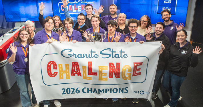 Students and competitors stand in purple jerseys behind the Granite State Challenge 2026 Champions banner