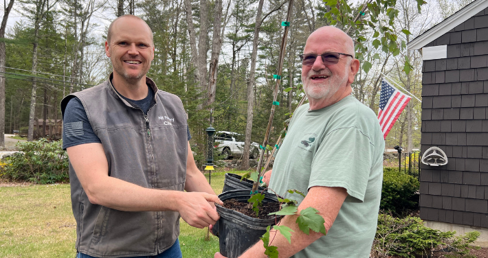 Unitil Employee Posing With Customer During Tree Giveaway