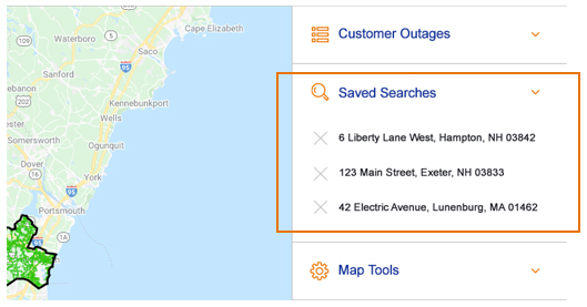outage map with saved searches in the right hand bar