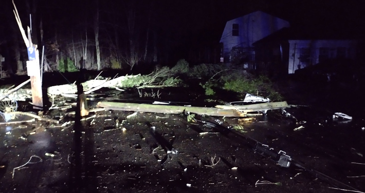Tree and pole down at night